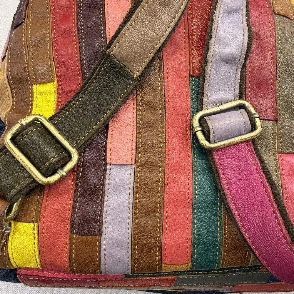 VTG Amerileather‎ Leather Backpack Multi Color Rainbow Flower Boho Denim Bag Y2K